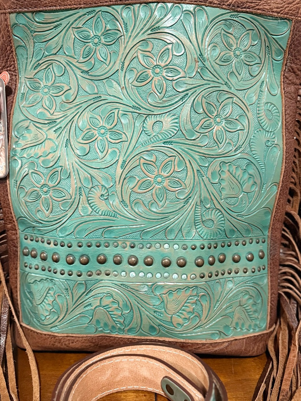 American Darling Turquoise Tooled Leather Fringe Crossbody with Brown Accents - Picture 6 of 15